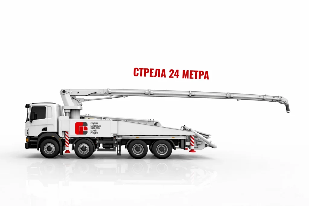 Автобетононасос со стрелой 24 м для подачи бетона на строительном объекте в Бронницах